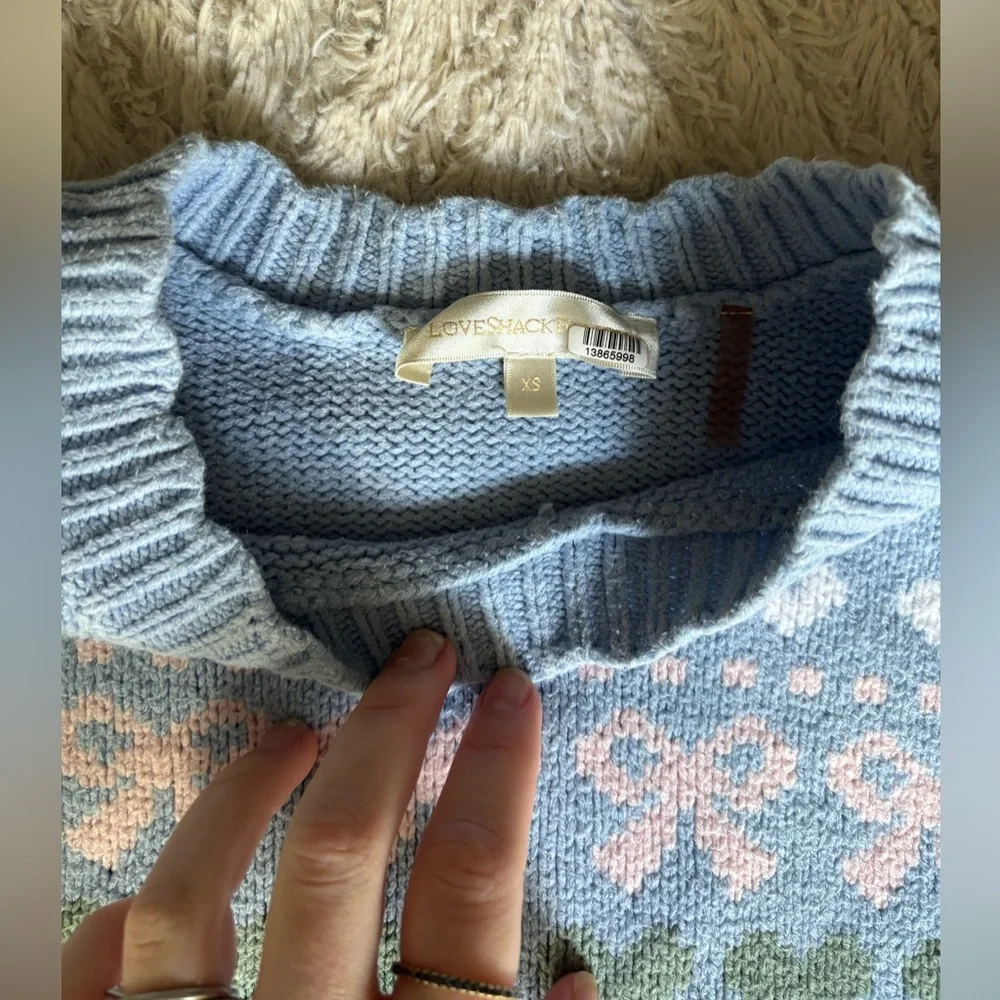 Love Shack Fancy Large Fair Isle Sweater Blue Pink Cotton Blend Long Sleeves XS - Picture 3 of 6